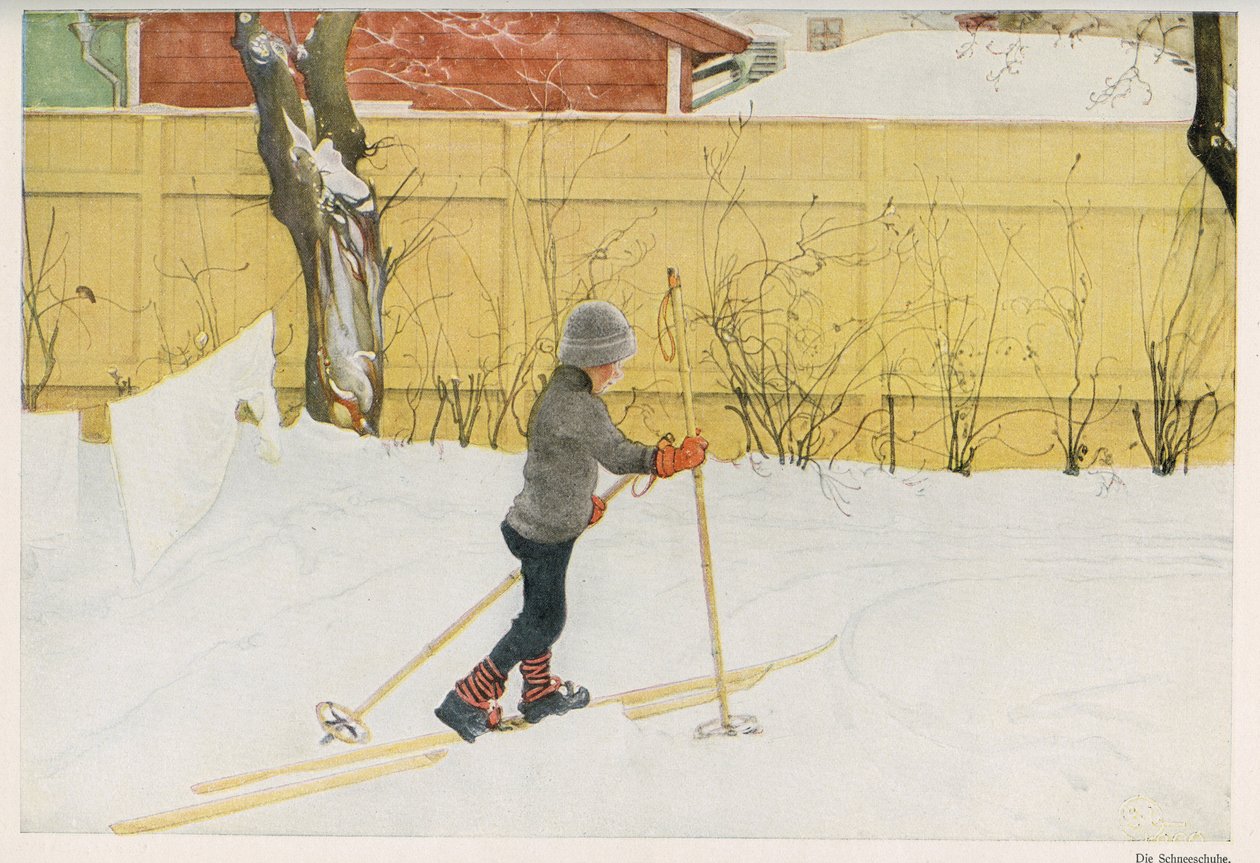 Ett av barnen till den svenske illustratören Carl Larsson (1853-1919) som lärde sig att röra sig på skidor. Teckning från "" Das haus in der sonne"" 1921 av Unbekannt