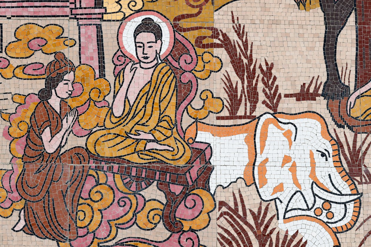 Ong Nui buddhistiska pagod, väggfresk, Buddhas liv, Quy Nhon, Vietnam, 2019 (foto) av Unbekannt