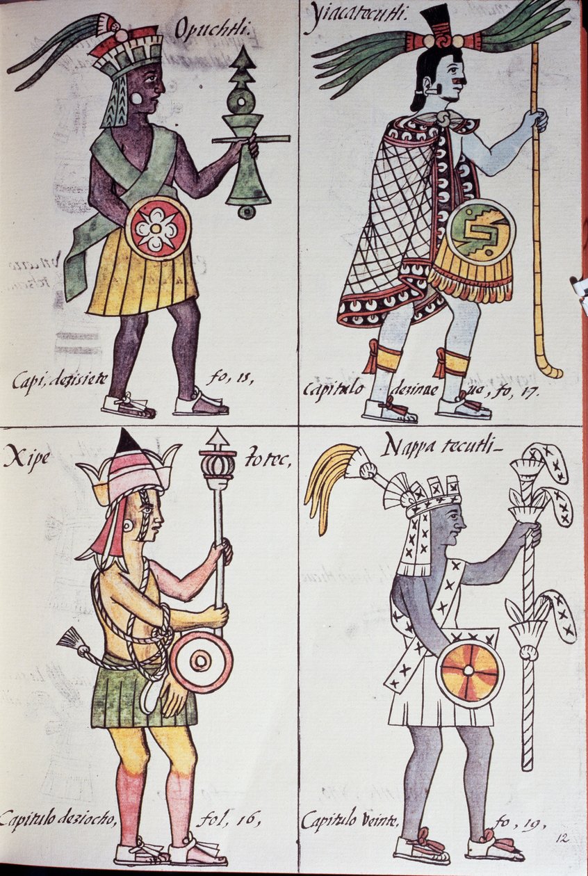 Opochtli, Xipe Totec, Yacatecuhtli och Nappatectli, sida från Florentine Codex, General History of the Things of New Spain, Aztec av Benjamin Baud
