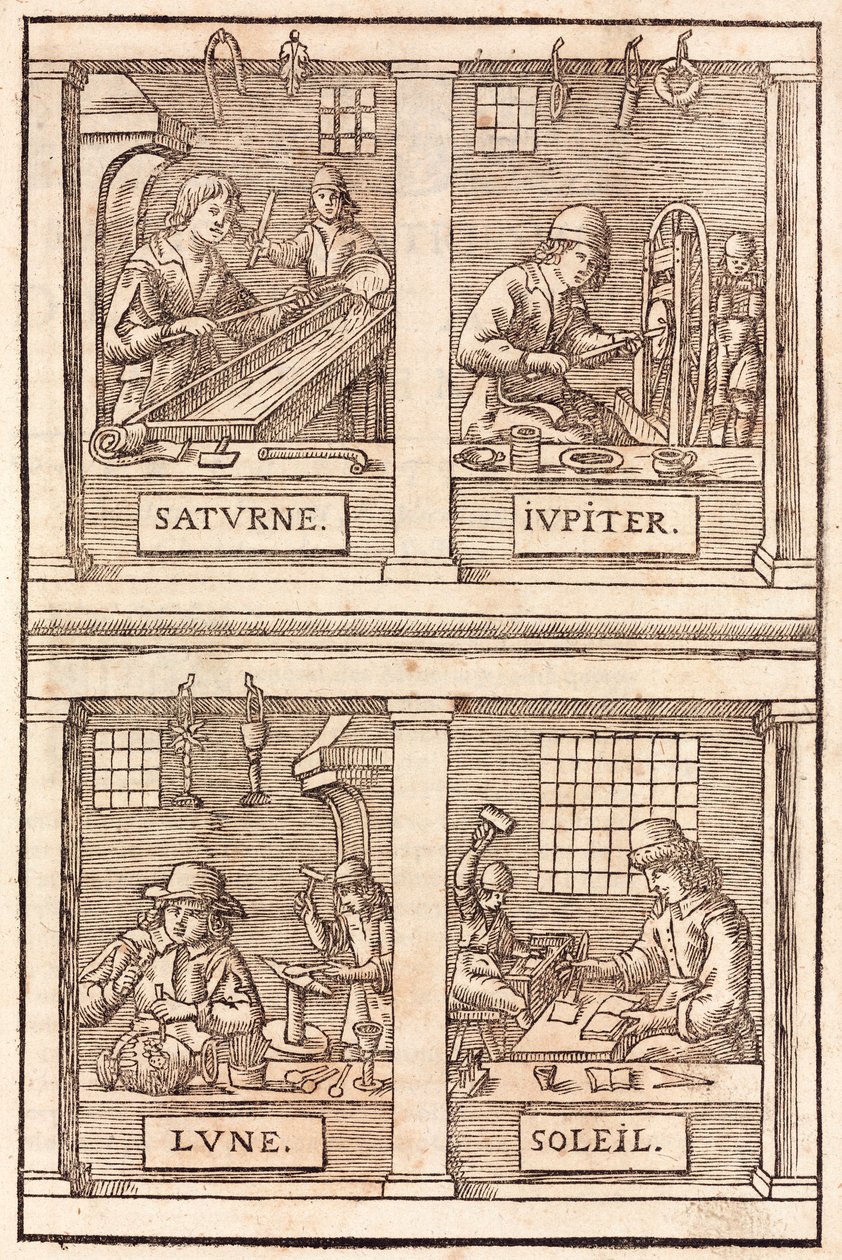 Guldsmed och alkemistiska symboler: Saturnus och bly, Jupiter och tenn, Månen och silver, Sol och guld - Guldsmeder och silversmeder Alkemisk symbolik av Unbekannt