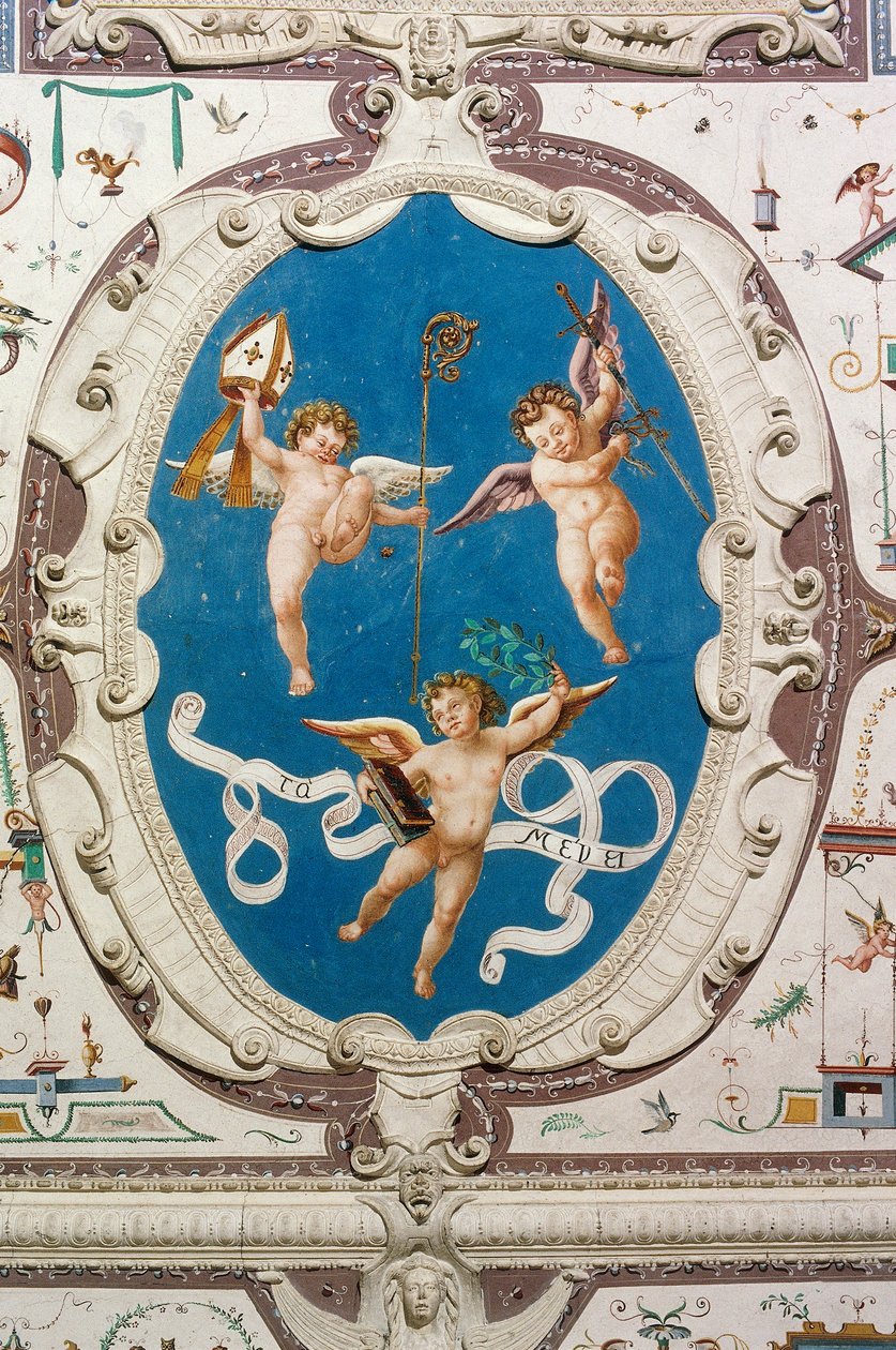 Oval föreställande tre putti (1560), detalj av Hall of Grotesques tak, Della Manta Castle, Manta (Cuneo), Piemonte, Italien av William M. Timlin
