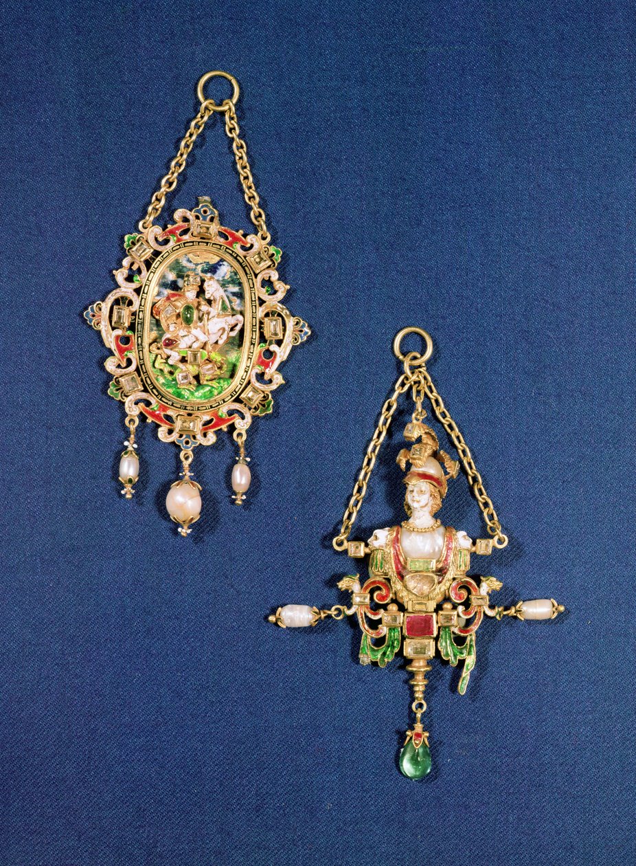 Ovalt hängsmycke som visar St. George som dräper draken, nordeuropeisk, c.1600; Hängsmycke i form av en byst av Minerva, sydtyska, c.1570 av Unbekannt