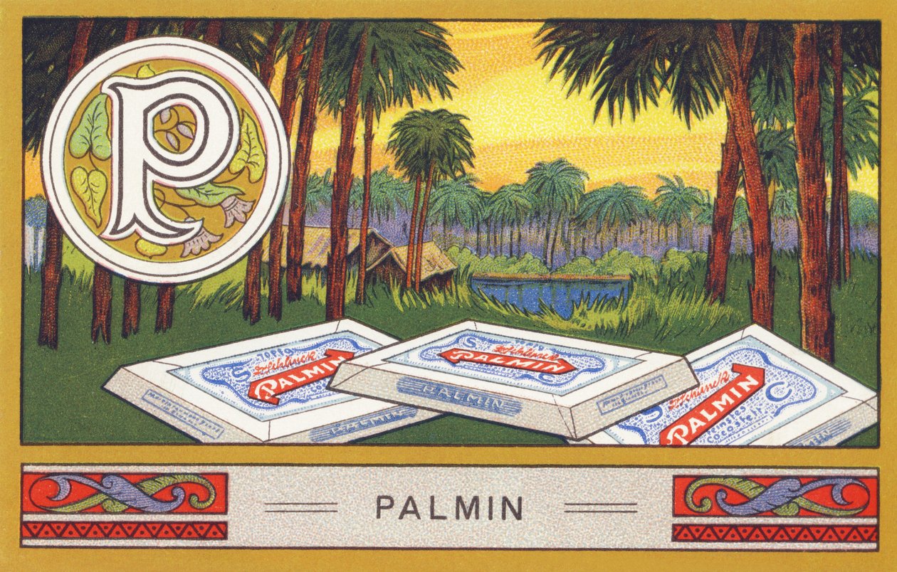 P : Palmine - Alfabetet Palmine. Serie av kromolitografier redigerade av H. Schlinck & Cie, Hamburg, sid. d. . Annons för Palmins finaste kokosfett. Mått: 7 x 11 cm av William M. Timlin
