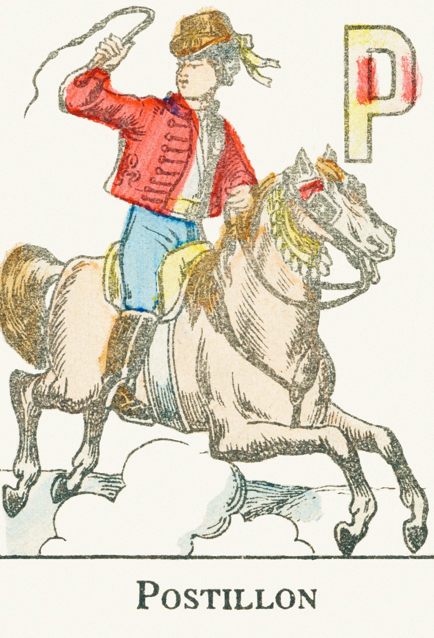 P: Postilion, en ung ryttare i kosackdräkt - Gravyr från "Alphabet des jeux", ca 1890 av Unbekannt