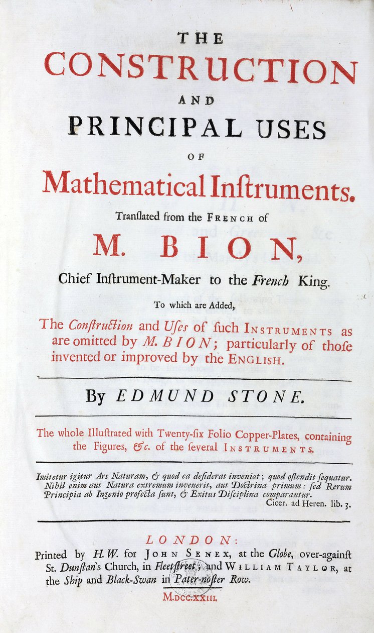 Titelsidan på boken av Nicolas Bion (1652-1933) om matematiska instrument, engelsk översättning, med tillägget "English improvements", publicerad i London 1723 av Unbekannt