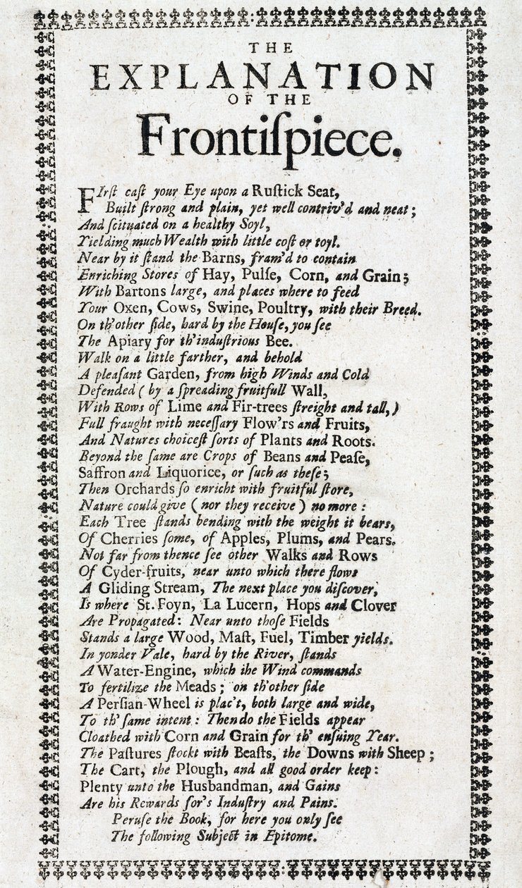 Titelsida och förklaring i diktform av den 4:e upplagan av "Systema agriculturae: mysteriet med hushållning upptäckt" av John Worlidge (aktiv 1669-1698), publicerad i London 1697 av Unbekannt