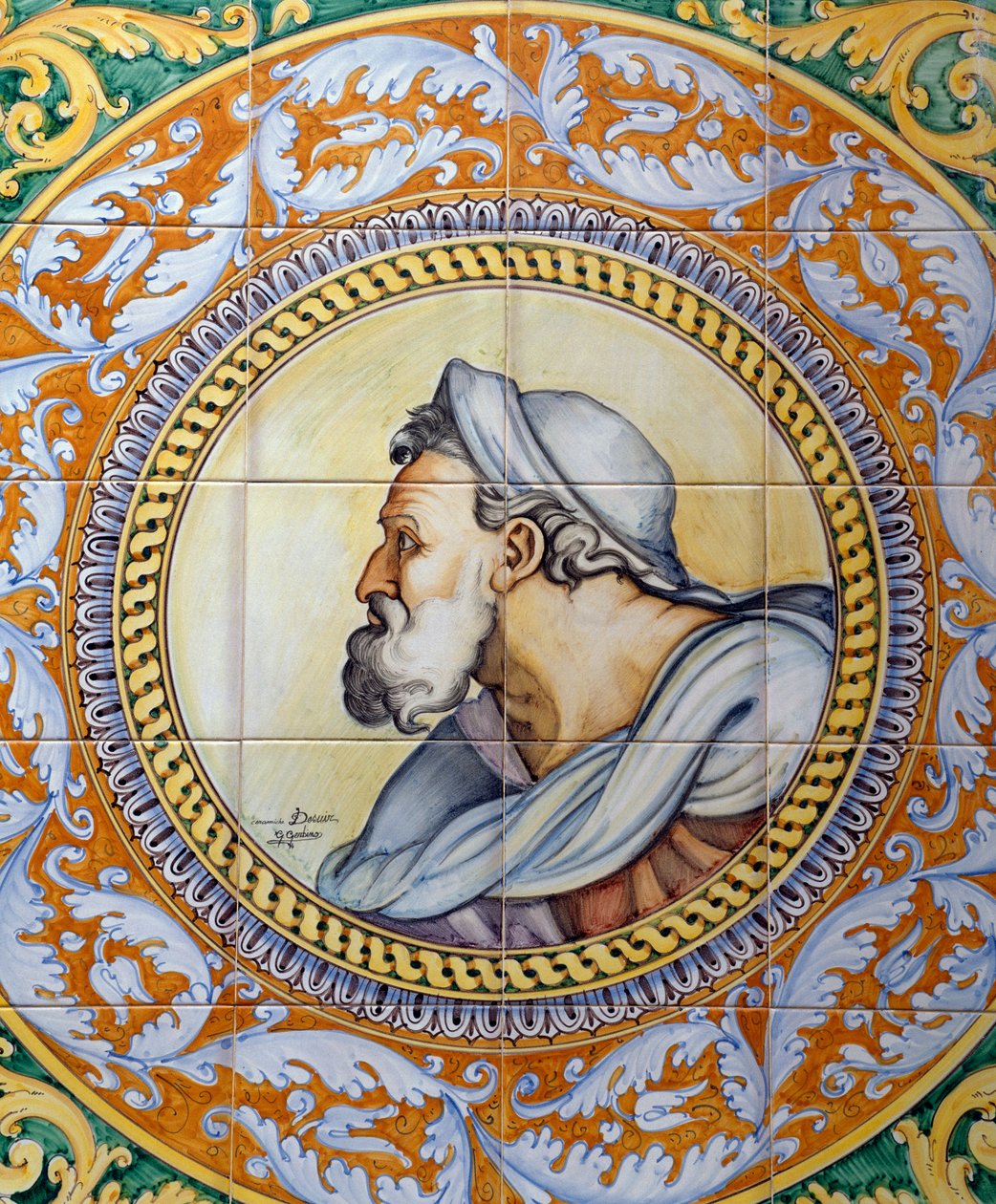 Målad maiolica-panel som visar en gammal mans huvud i stil med Michelangelo, gjord av Ceramiche Desuir, Santo Stefano di Camastra, Sicilien, Italien, Detalj av William M. Timlin