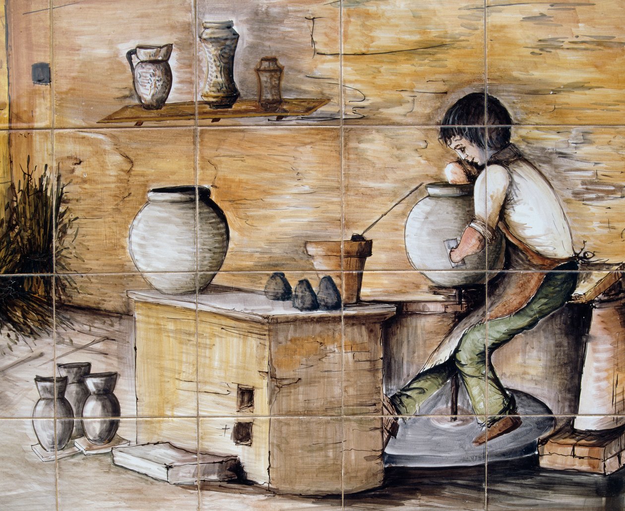 Målad maiolica-panel som visar scen för keramiktillverkning, handgjord av Ceramiche Desuir, Santo Stefano di Camastra, Sicilien, Italien, Detalj av William M. Timlin