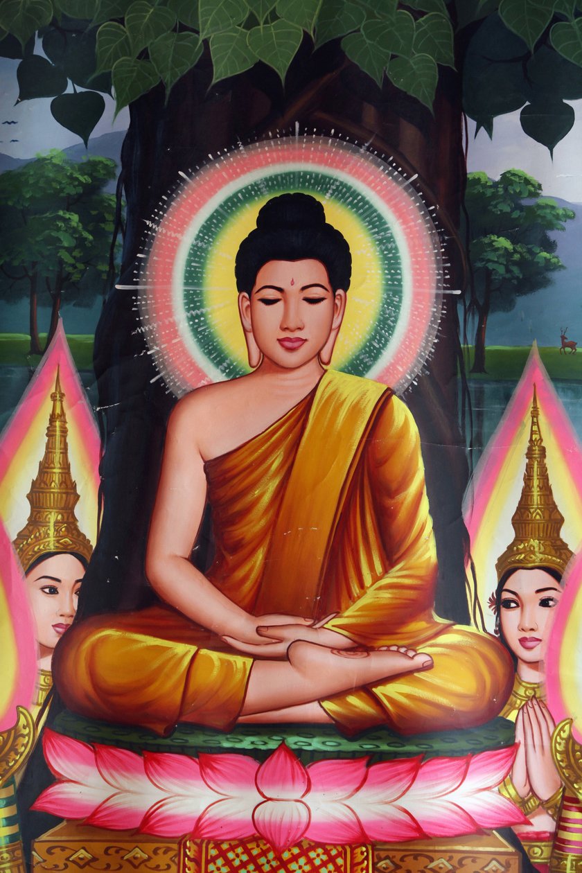 Målning föreställande Buddha som mediterar Udong Cambodge av Unbekannt