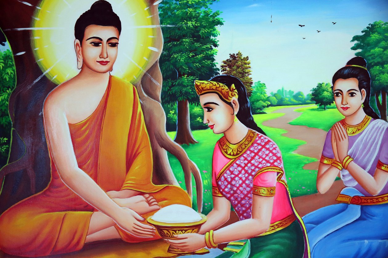 Målning som visar Buddha som tar emot offer. Kambodja av Unbekannt