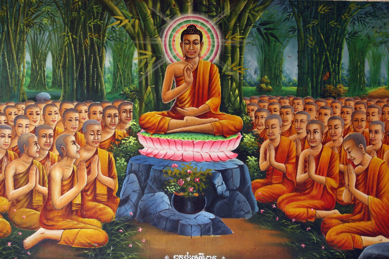 Målning som visar Buddhas undervisning till munkarna Udong Cambodge av Unbekannt