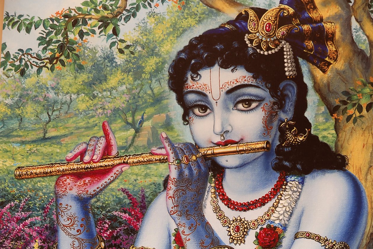 Målning som föreställer den hinduiska guden Krishna som spelar en flöjt utomhus. Indien av Unbekannt