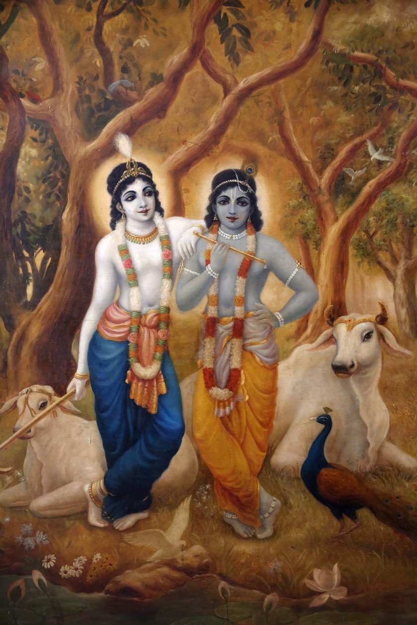 Målning som föreställer den hinduiska guden Krishna som står bredvid sin bror Balaram. Indien av Unbekannt