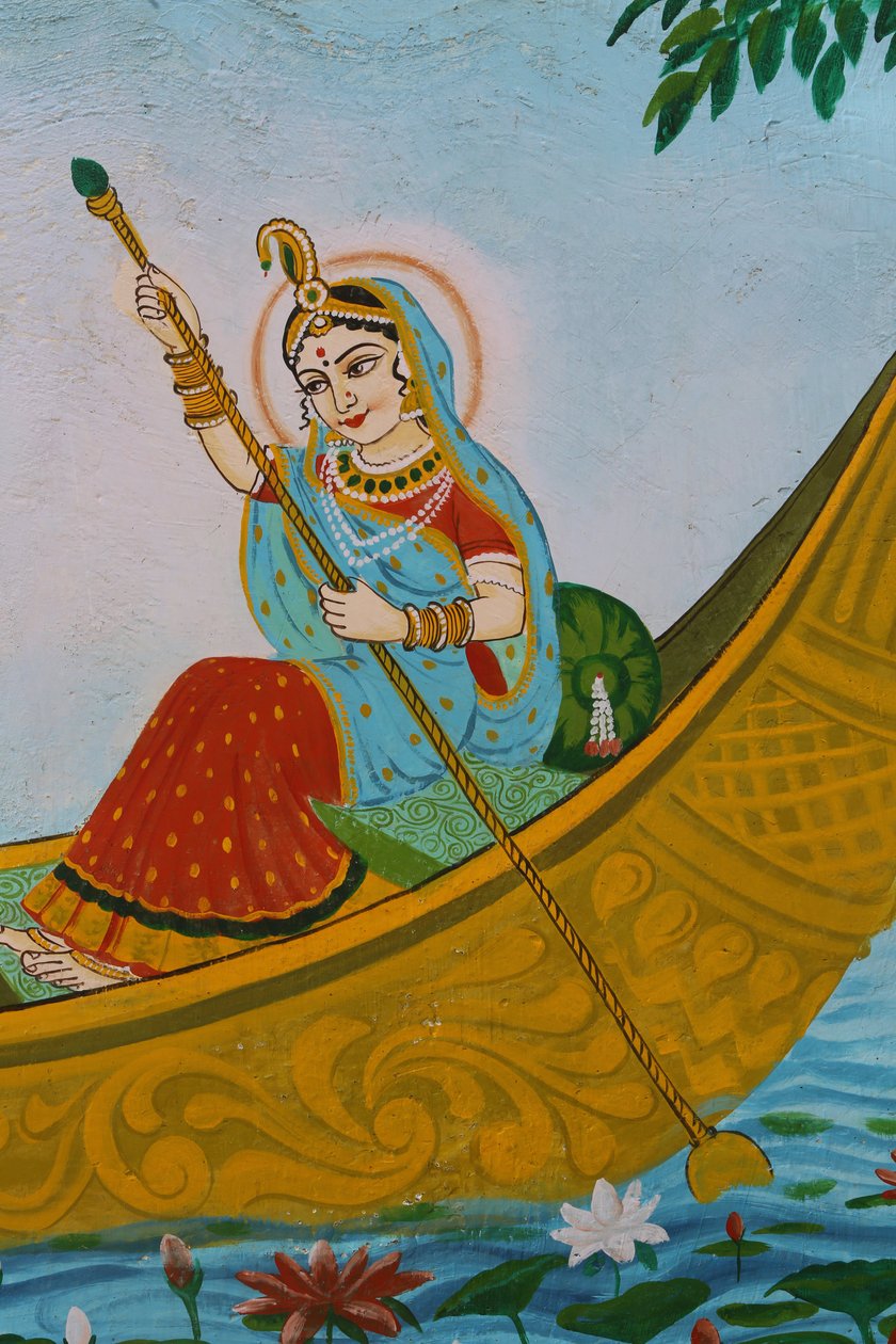 Målning som föreställer Sri Radha (Krishnas gemål) som ror en båt. Indien av Unbekannt