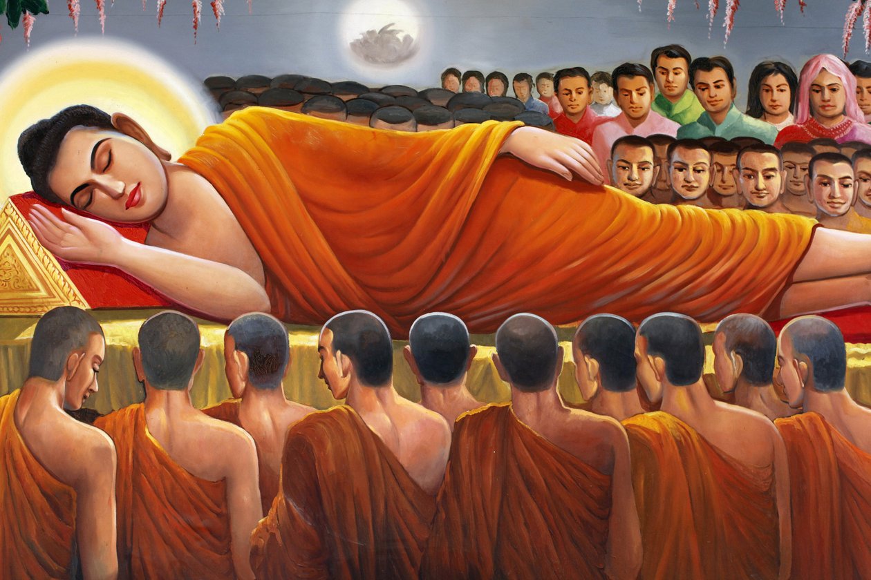 Målning föreställande en liggande Buddha i Wat Toul Tompong Phnom Penh Cambodge av Unbekannt