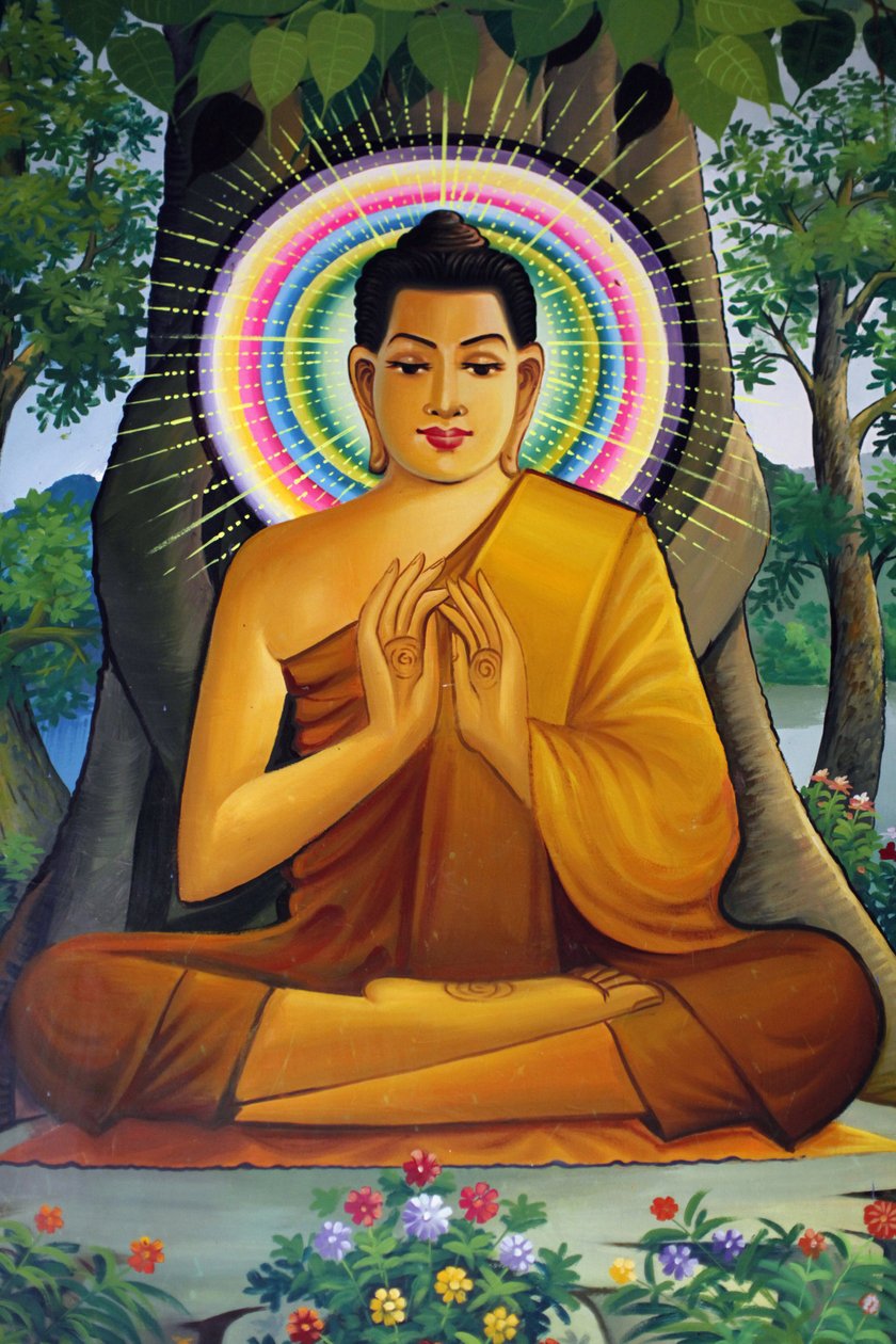 Målning som föreställer en sittande Buddha i Wat Than Phnom Penh Cambodge av Unbekannt