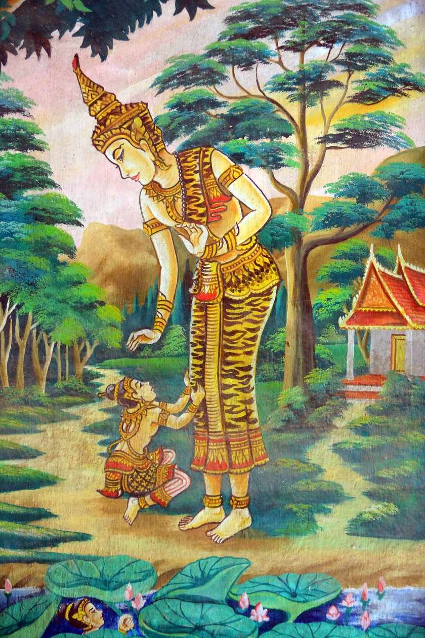 Målning som skildrar Shakyamuni Buddhas livshistoria. Wat Naxai. Vientiane. Laos, 20151106, Vientiane, Laos av Unbekannt