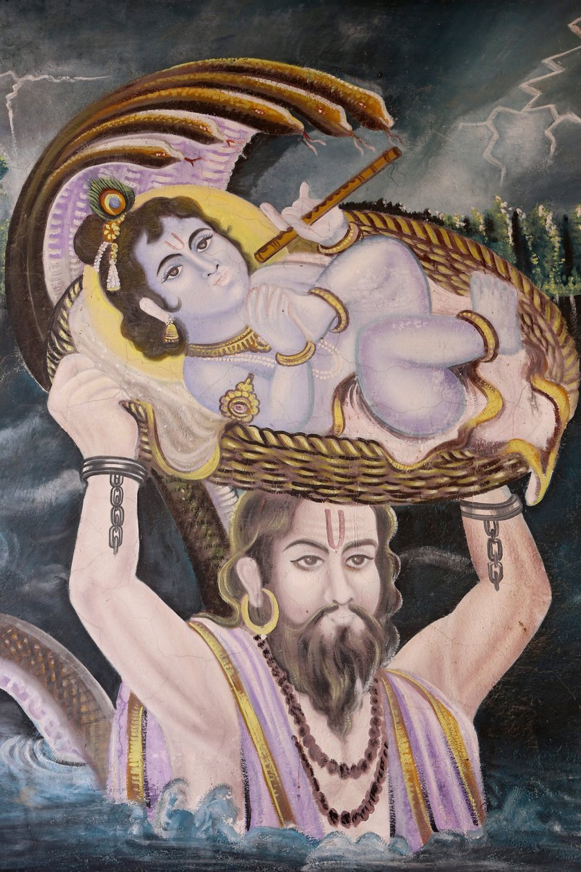 Målning i Gokul : Krishna som en baby buren över Yamunafloden av Vasudeva. Indien av Unbekannt