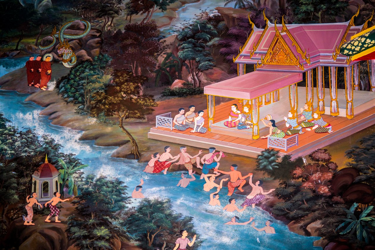 Målningar av byscener med Buddha i Thailand, Wat bang riang, Thub Pat/ Målningar, Wat bang riang, Thub Pat, Phang Nga, Thailand, Asien (foto) av Unbekannter Künstler