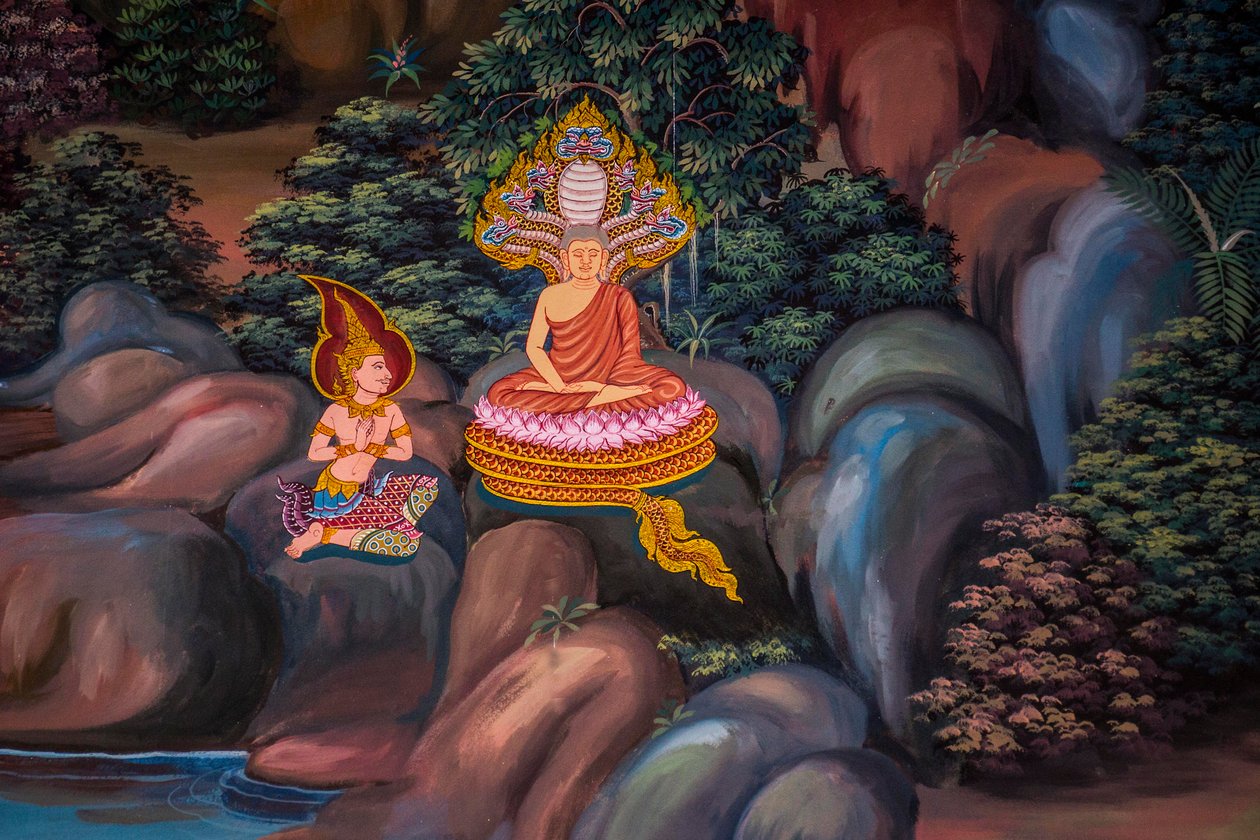 Målningar av byscener med Buddha i Thailand, Wat bang riang, Thub Pat/ Målningar, Wat bang riang, Thub Pat, Phang Nga, Thailand, Asien (foto) av Unbekannter Künstler