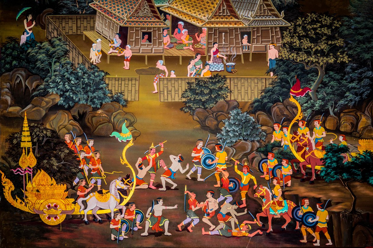 Målningar av byscener med Buddha i Thailand, Wat bang riang, Thub Pat/ Målningar, Wat bang riang, Thub Pat, Phang Nga, Thailand, Asien (foto) av Unbekannter Künstler