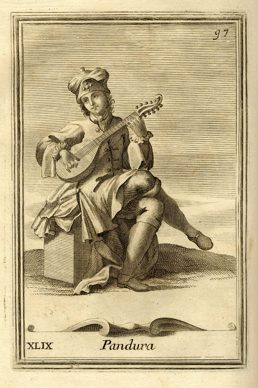 Pandura stränginstrument av bysantinskt ursprung, förfader till mandolin. I "Gabinetto Armonico" av Filippo Bonanni, Rom av Unbekannter Künstler