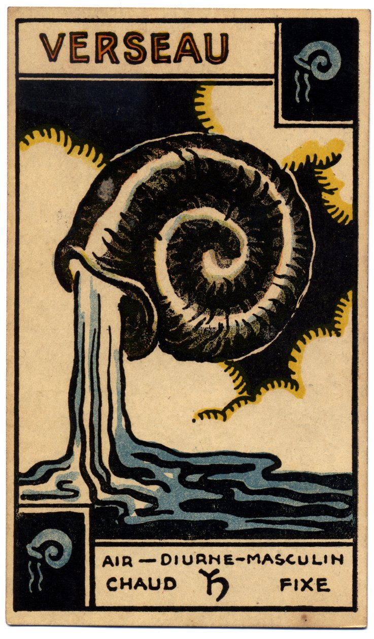 Paranormalt. Astrologi. Vattumannen (vattenbäraren). Astrologiskt kort från: Le Tarot Astrologique (Astrologisk Tarot), av Georges Muchery, Frankrike av Unbekannter Künstler