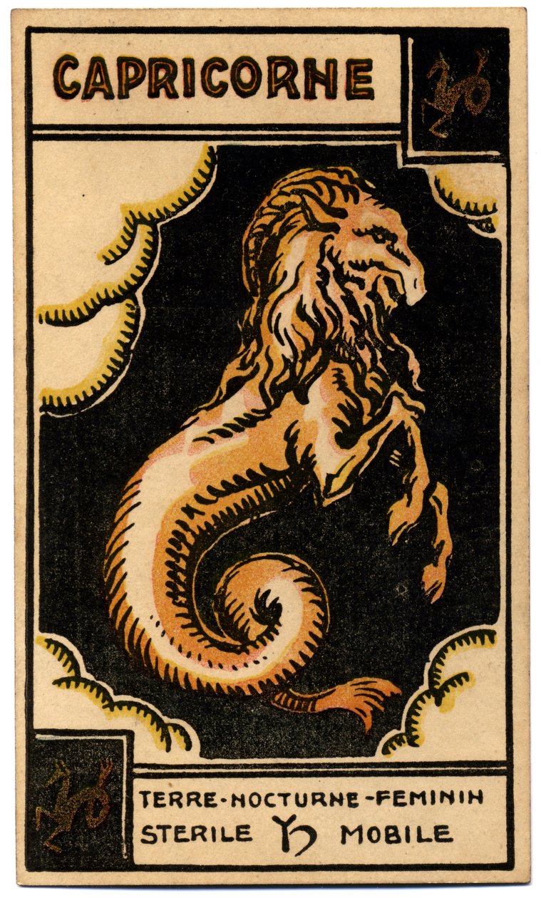 Paranormalt. Astrologi. Stenbocken (havet fick). Astrologiskt kort från: Le Tarot Astrologique (Astrologisk Tarot), av Georges Muchery, Frankrike av Unbekannter Künstler