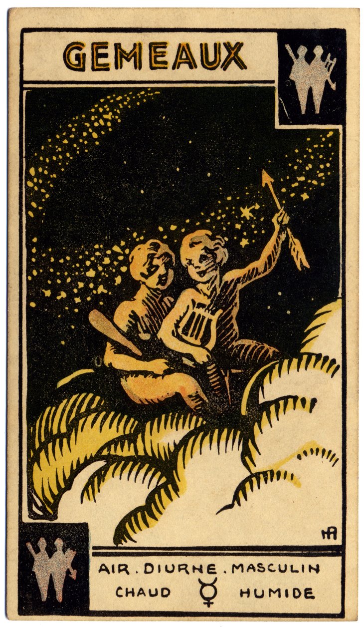 Paranormalt. Astrologi. Tvillingarna (tvillingarna). Astrologiskt kort från: Le Tarot Astrologique (Astrologisk Tarot), av Georges Muchery, Frankrike av Unbekannter Künstler