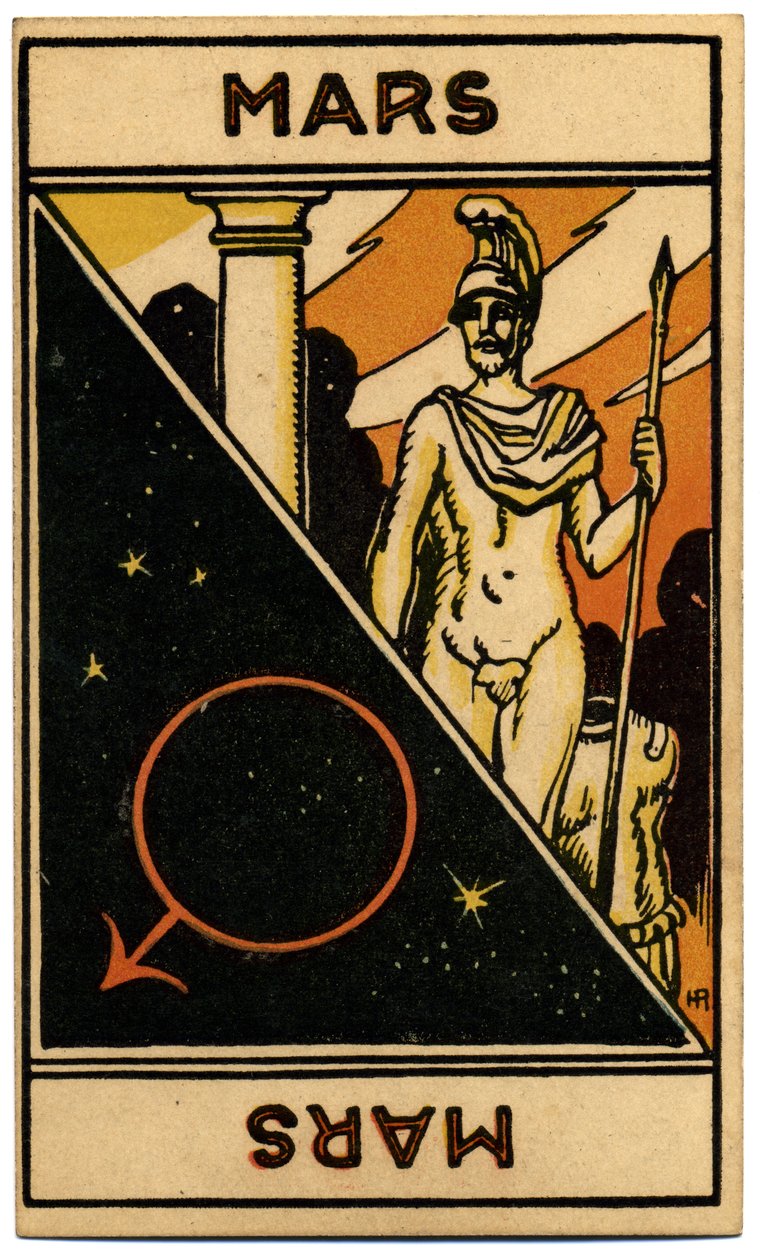 Paranormalt. Astrologi. Mars (planet). Astrologikort från: Le Tarot Astrologique (Astrologisk Tarot), av Georges Muchery, Frankrike av Unbekannter Künstler