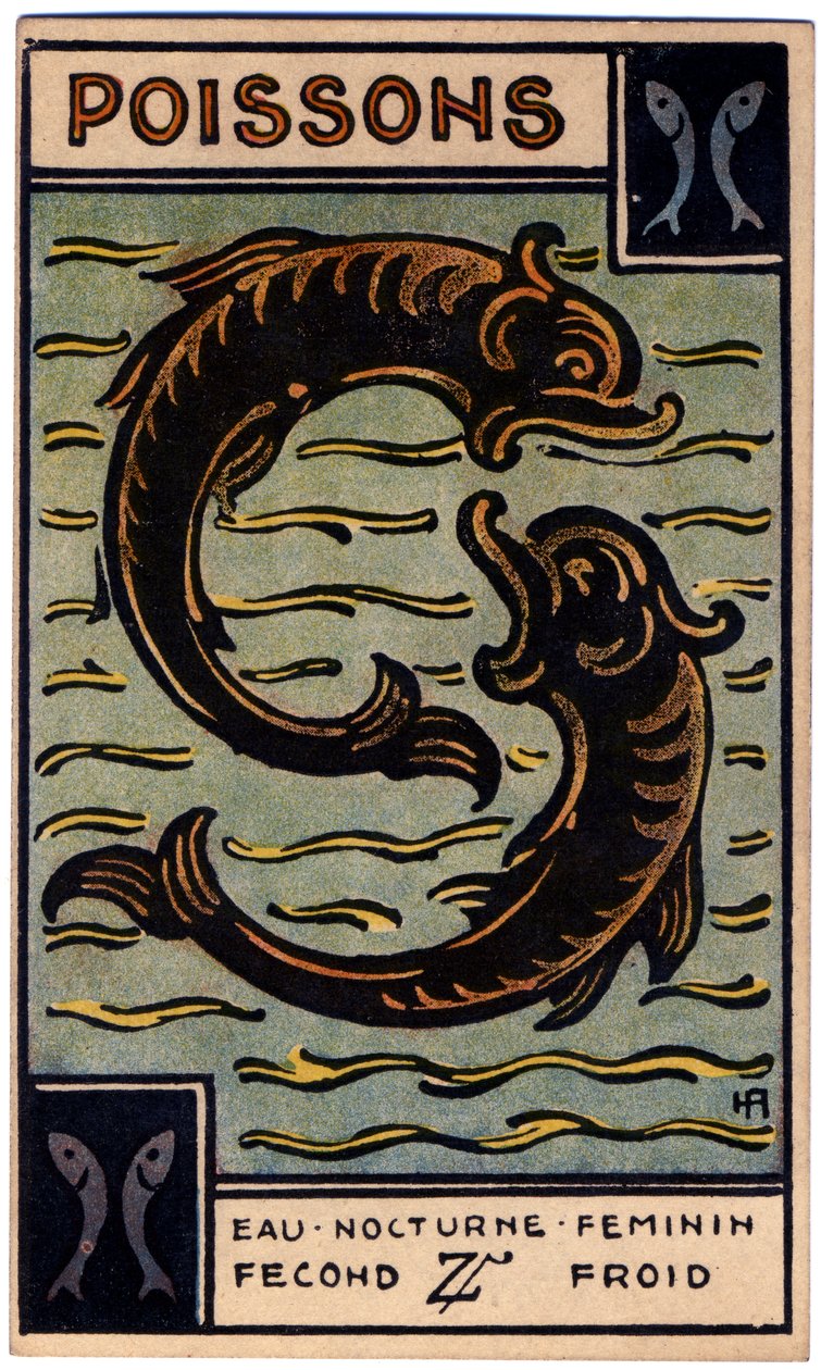 Paranormalt. Astrologi. Fiskarna (fisken). Astrologiskt kort från: Le Tarot Astrologique (Astrologisk Tarot), av Georges Muchery, Frankrike av Unbekannter Künstler