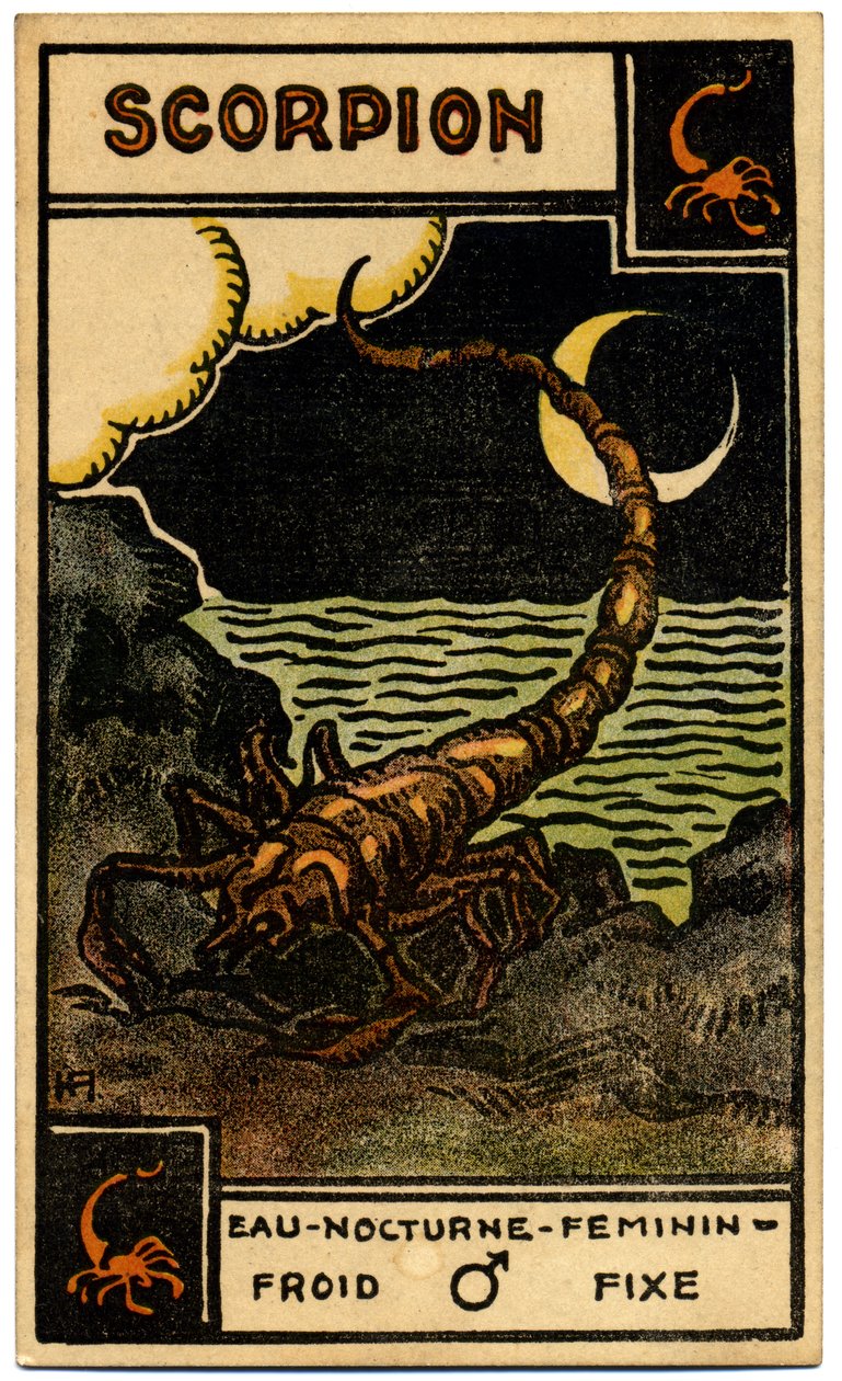 Paranormalt. Astrologi. Skorpionen (Skorpionen). Astrologiskt kort från: Le Tarot Astrologique (Astrologisk Tarot), av Georges Muchery, Frankrike av Unbekannter Künstler