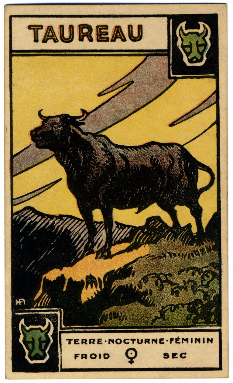 Paranormalt. Astrologi. Oxen (tjuren). Astrologiskt kort från: Le Tarot Astrologique (Astrologisk Tarot), av Georges Muchery, Frankrike av Unbekannter Künstler