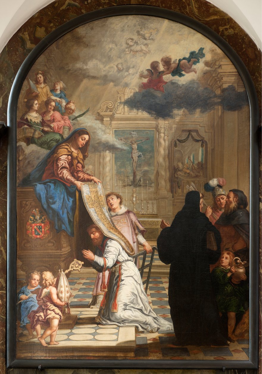 Sockenkyrka (Vår Fru församlingskyrka). Interiör. Målning. Vår Fru som ger en kasubel till Saint-Ildefonsus. av Unbekannter Künstler