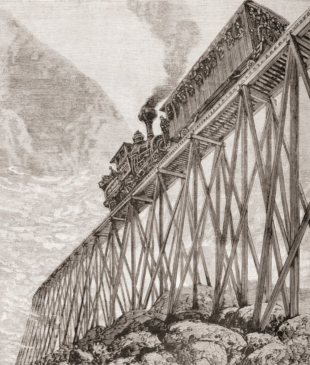 Del av en fyra kilometer lång järnväg i New Hampshire, USA, byggd för rekreationsresor och för passagerare att njuta av panoramautsikt, ca 1880, från 