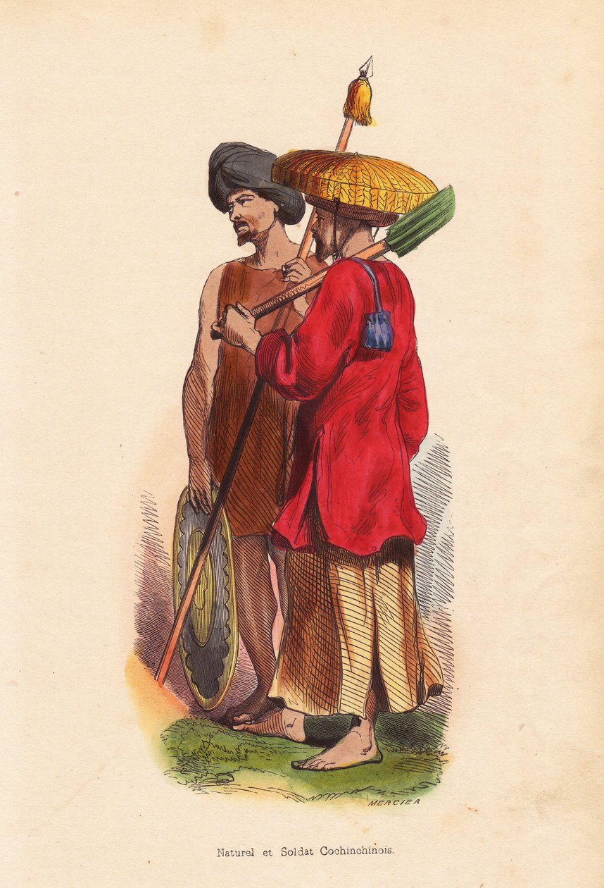 Bonde och soldat Cochinchinois (Vietnam) - Män från Vietnam (Cochinchine): soldat med turban, sköld och spjut, och bonde med halmhatt, tunika och spade - Handkolorerat träsnitt av Mercier från "Moeurs, Uses et Costumes de tous les Peuples du Monde, As av Unbekannter Künstler
