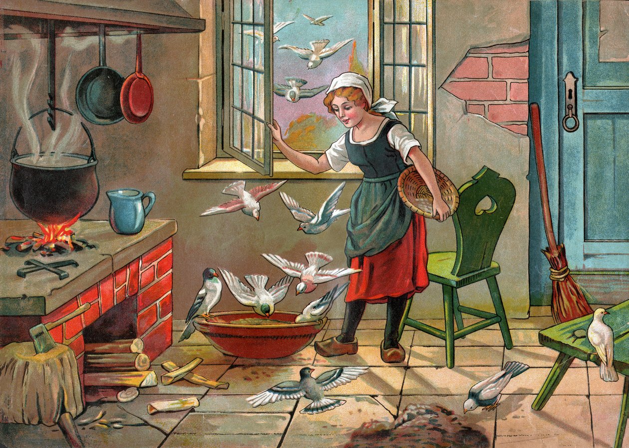 Bondflicka med duvor. (Illustration omkring 1920) av Unbekannter Künstler