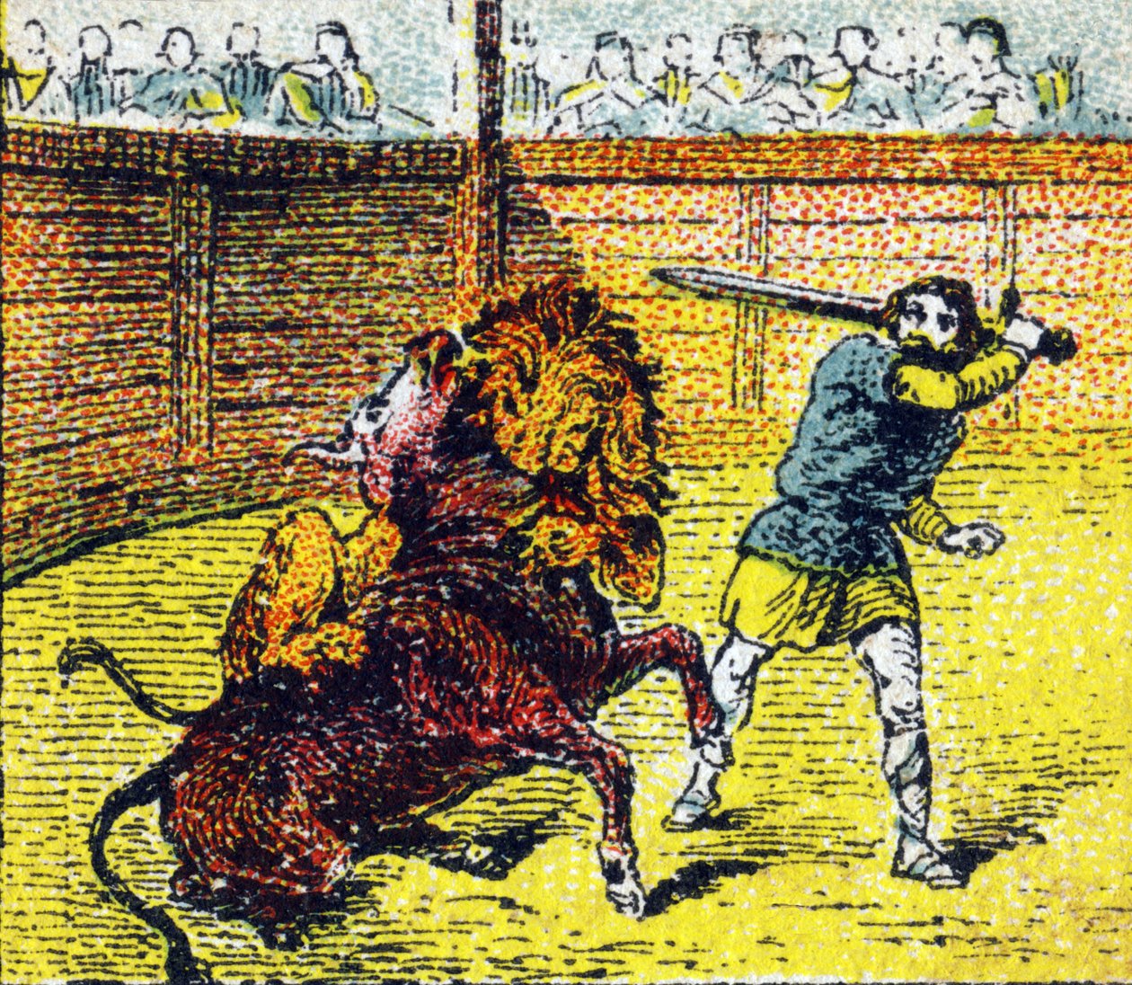 Pepin Le Brief går ner i arenan för att skjuta ner lejonet som precis hade hoppat på tjurens hals. Gravyr i "Histoire de France". Serie av reklambilder publicerade på uppdrag av Louit, 24 rue d