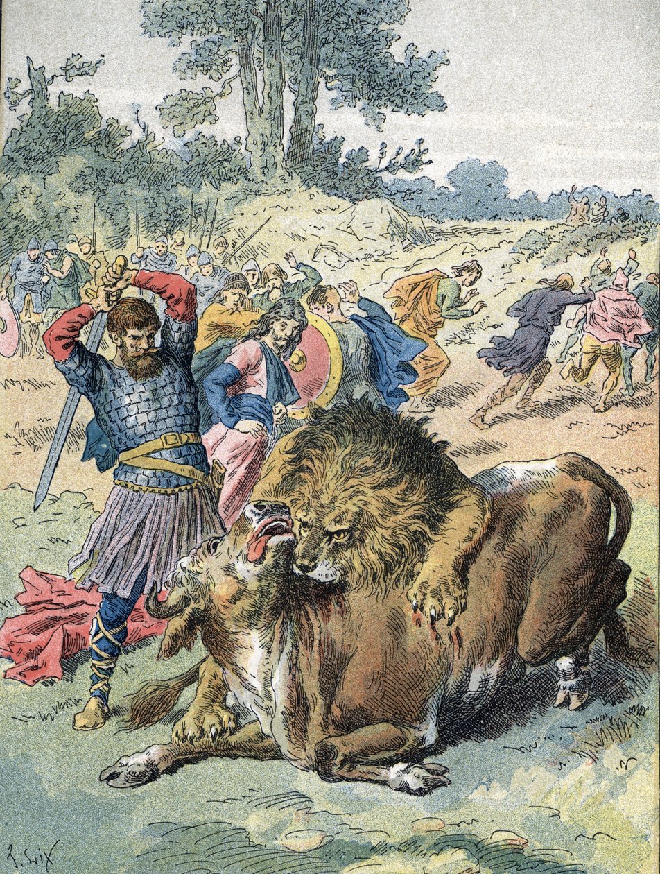 Pepin the Brief slåss mot ett lejon och en tjur på Champ de Mars för att bevisa sitt mod (751) av Unbekannter Künstler