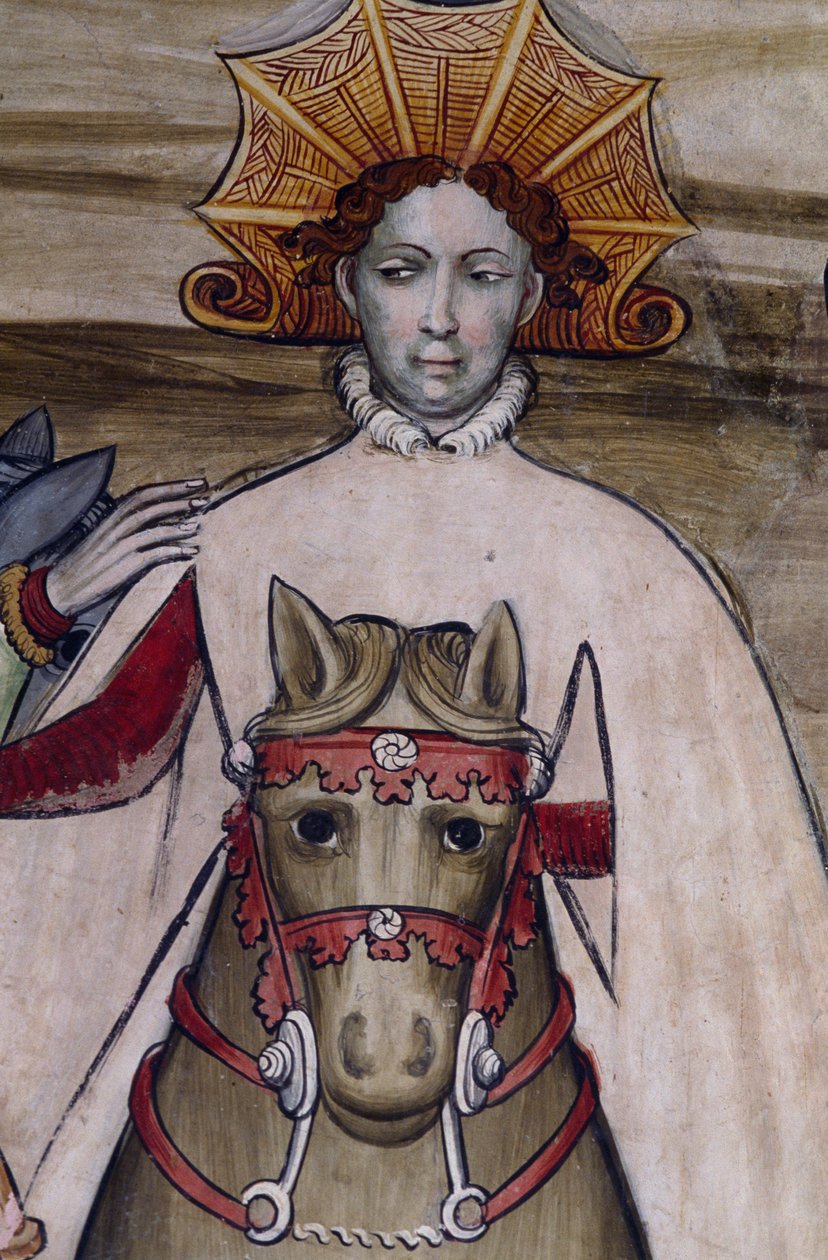 Person till häst, detalj från fresk i slottet Manta (1400-talet), Saluzzo, Piemonte, Italien av Benjamin Baud
