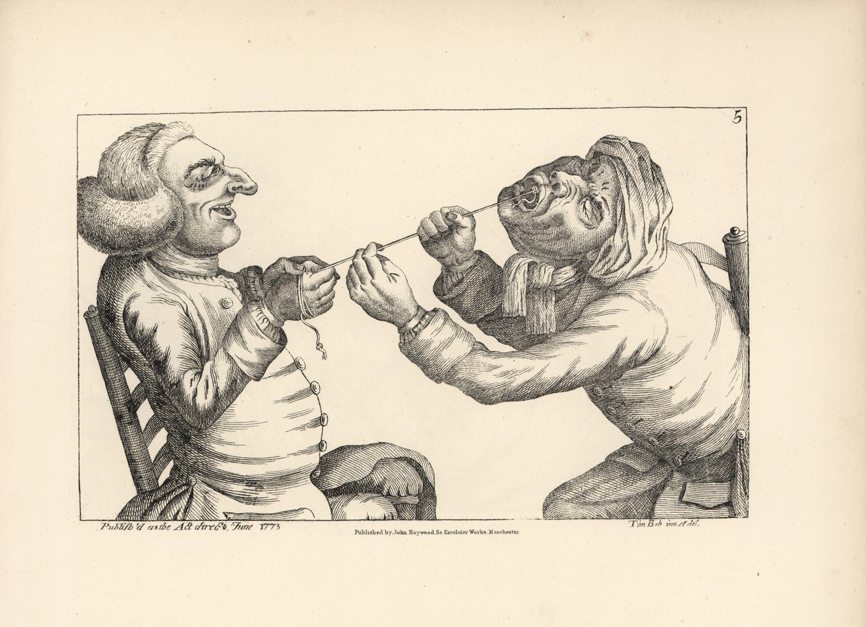 Läkare skrattar när han drar ut en patients tand med ett snöre. Kopparstick efter en satirisk illustration av Timothy Bobbin (John Collier) (1708-1786) från Human Passions Delineated, John Haywood, Manchester av Unbekannter Künstler