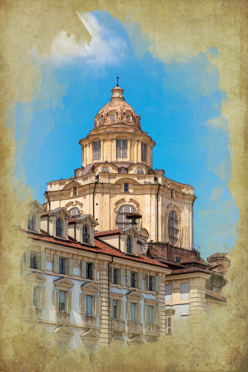 Piazza Castello: kyrkan San Lorenzo, Turin, Piemonte, Italien (manipulerat foto) av Unbekannt