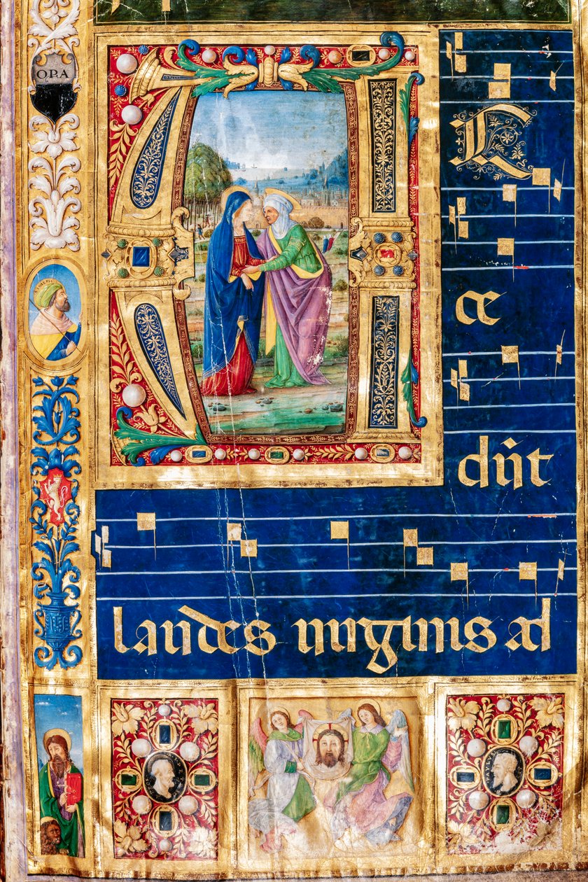 Piccolomini bibliotek: Körbok, torsk. 14.P., ff. 2r med "The Visitation of Mary and St. Mary". Elizabeth, av Giovanni di Giuliano Boccardi, känd som Boccardino den äldre. Detalj. av Unbekannter Künstler