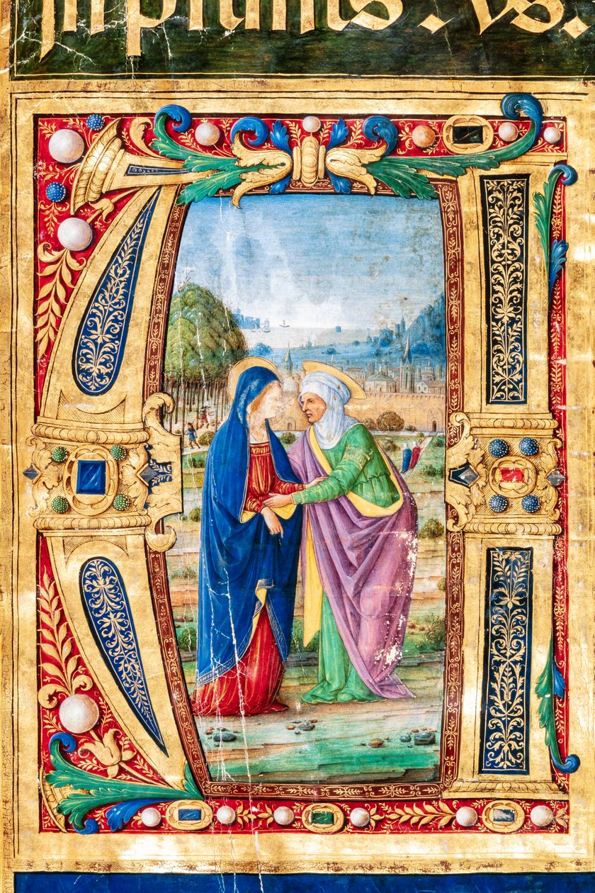 Piccolomini bibliotek: Körbok, torsk. 14.P., ff. 2r med "The Visitation of Mary and St. Mary". Elizabeth, av Giovanni di Giuliano Boccardi, känd som Boccardino den äldre. Detalj. av Unbekannter Künstler