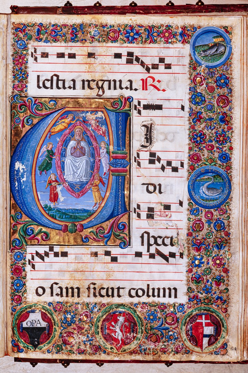 Piccolomini bibliotek: Körbok, torsk. 15.Q., ff. 64r med "Jungfruns antagande", av Guidoccio Cozzarelli och Bernardino Cignoni. av Unbekannter Künstler