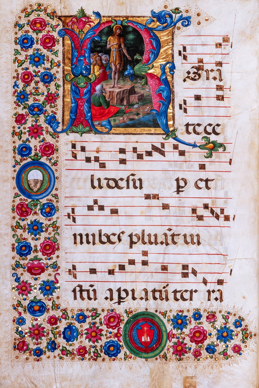 Piccolomini bibliotek: körbok, torsk. 18.3, ff. 45v med "Predikan av Johannes Döparen", av Girolamo da Cremona. av Unbekannter Künstler