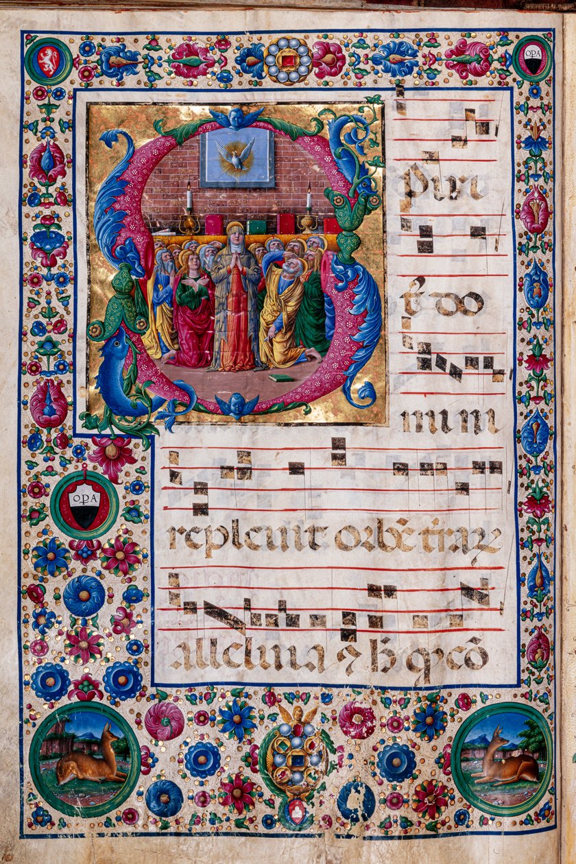 Piccolomini bibliotek: körbok, torsk. 23.8, ff. 100v med "The Pentecost", av Girolamo da Cremona. av Unbekannter Künstler