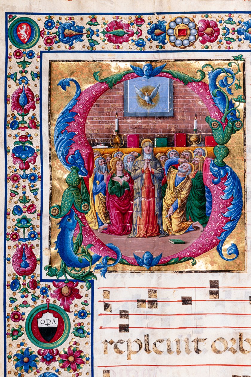 Piccolomini bibliotek: körbok, torsk. 23.8, ff. 100v med "The Pentecost", av Girolamo da Cremona. Detalj. av Unbekannter Künstler
