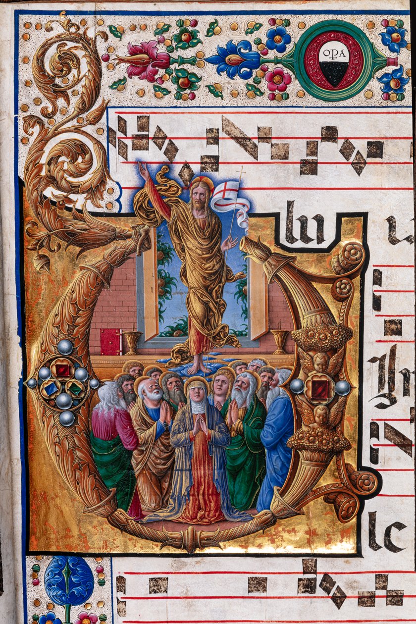 Piccolomini bibliotek: körbok, torsk. 23.8, ff. 66r med "The Ascension of Christ", av Girolamo da Cremona. Detalj. av Unbekannter Künstler