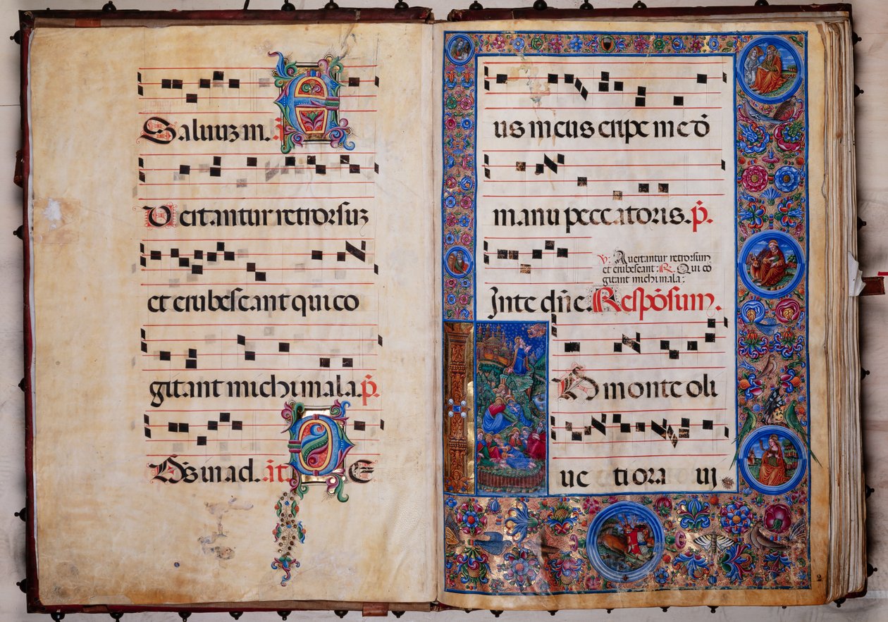Piccolomini bibliotek: körbok, torsk. 8-H, ff. 1v-2r med "Kristus i Getsemane trädgård", av Bernardino Cignoni. av Unbekannter Künstler